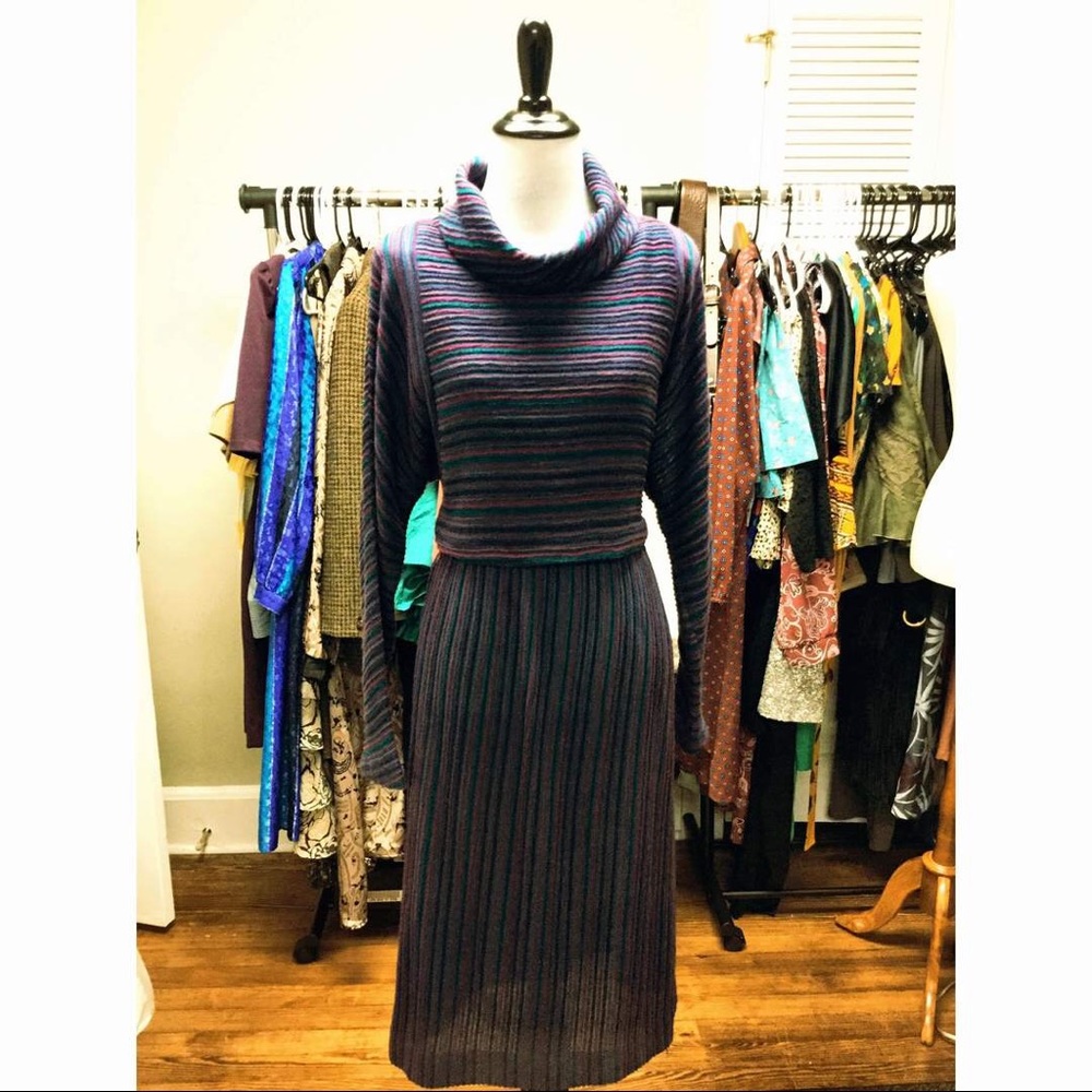 Vintage Ribbed Cowl Neck Sweater Dress